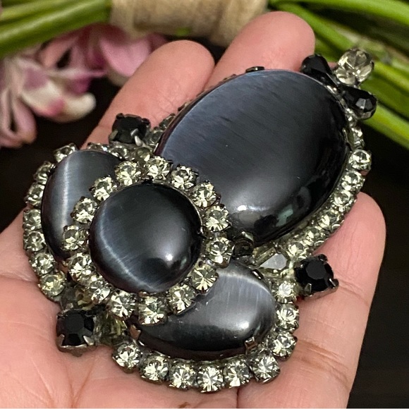 Stunning Vintage Black Cat Eye Moonstone Large Heavy Revival Brooch 66.5g - Picture 5 of 12